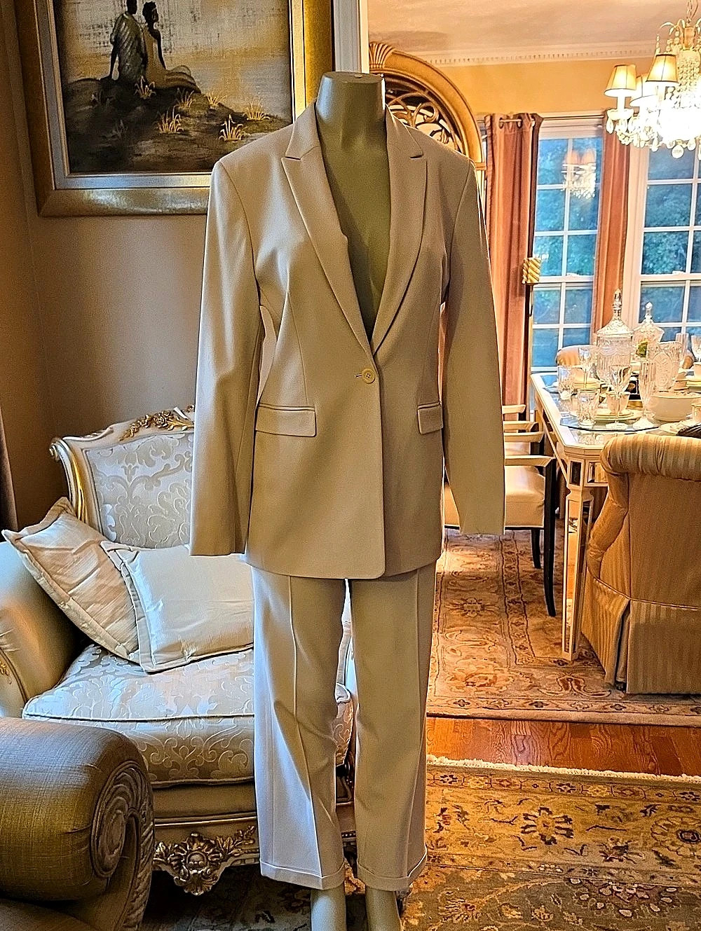 ClassyWomen's Beige Pantsuit Like New Fully Lined.